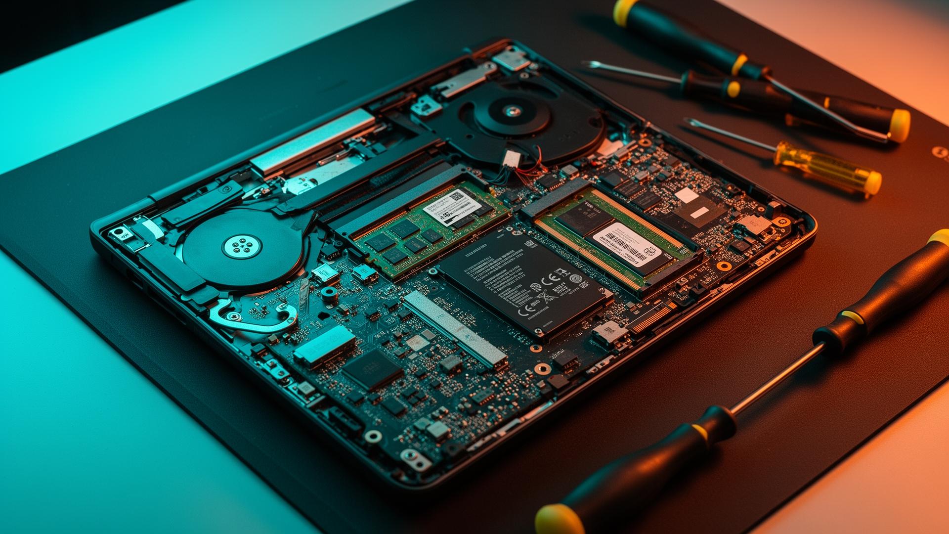 Computer hardware repair workbench with motherboard RAM SSD and precision repair tools