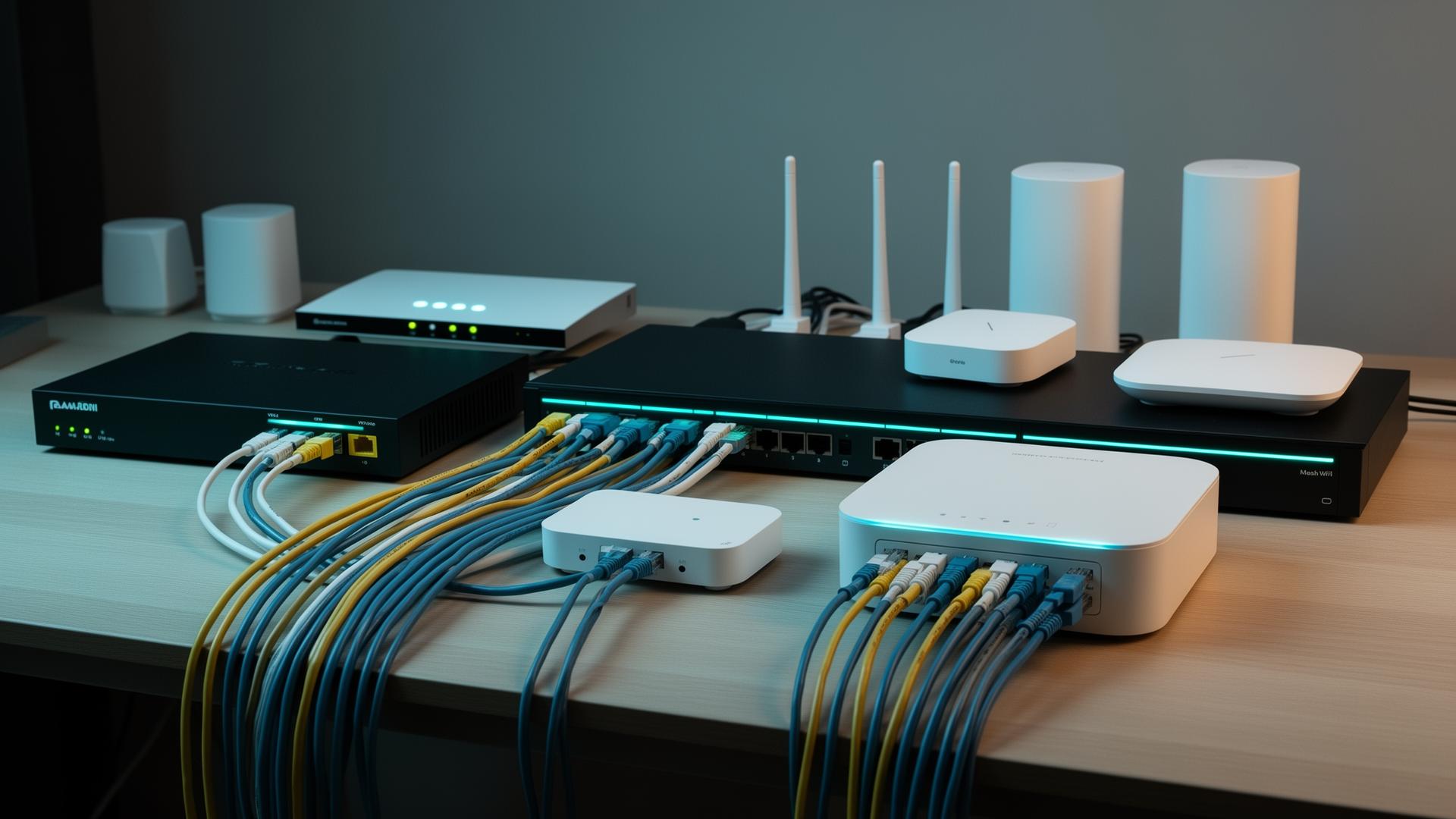 Professional network setup with WiFi routers switches and ethernet cabling equipment