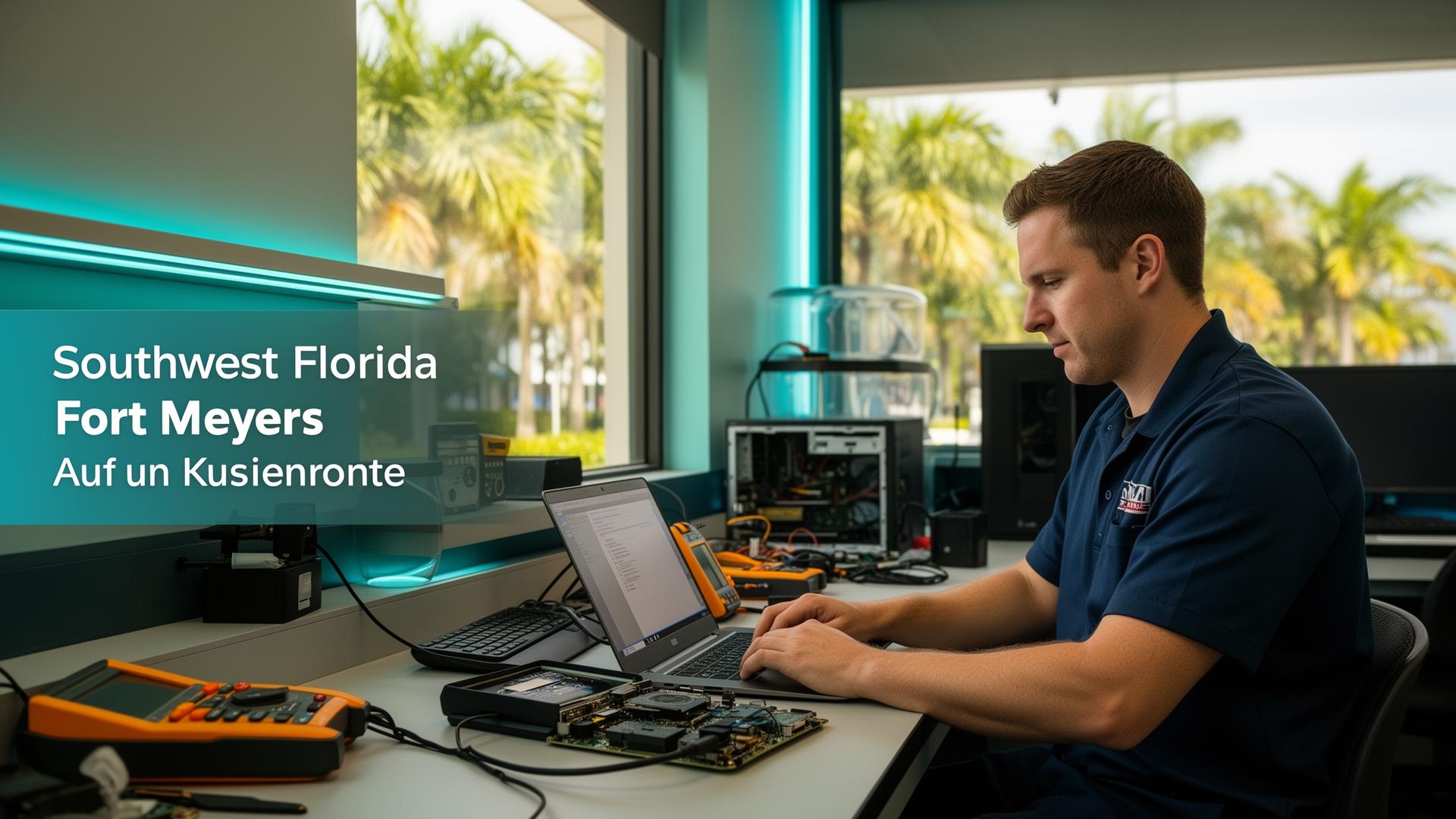 RONET Computer Repair technician fixing laptop in Fort Myers Florida workshop